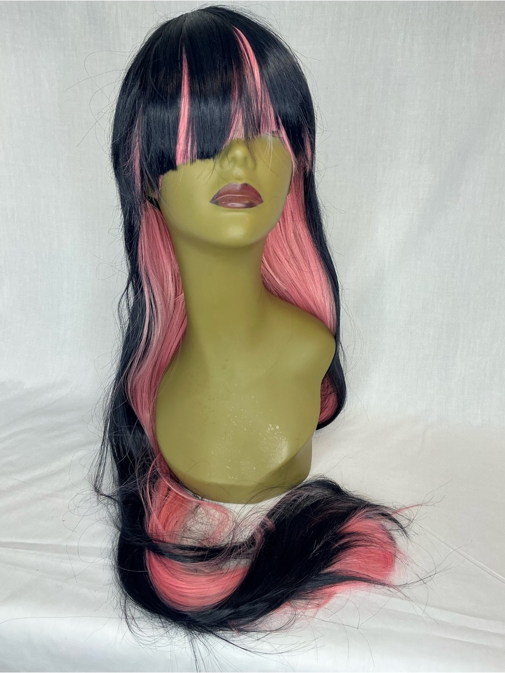 2143 - Black and Pink Long Layered Wig with Full Bangs - Unbranded